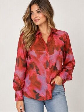 Runaway The Label Floral Button Down Blouse XS Red Pink Sheer Long Sleeve NWT